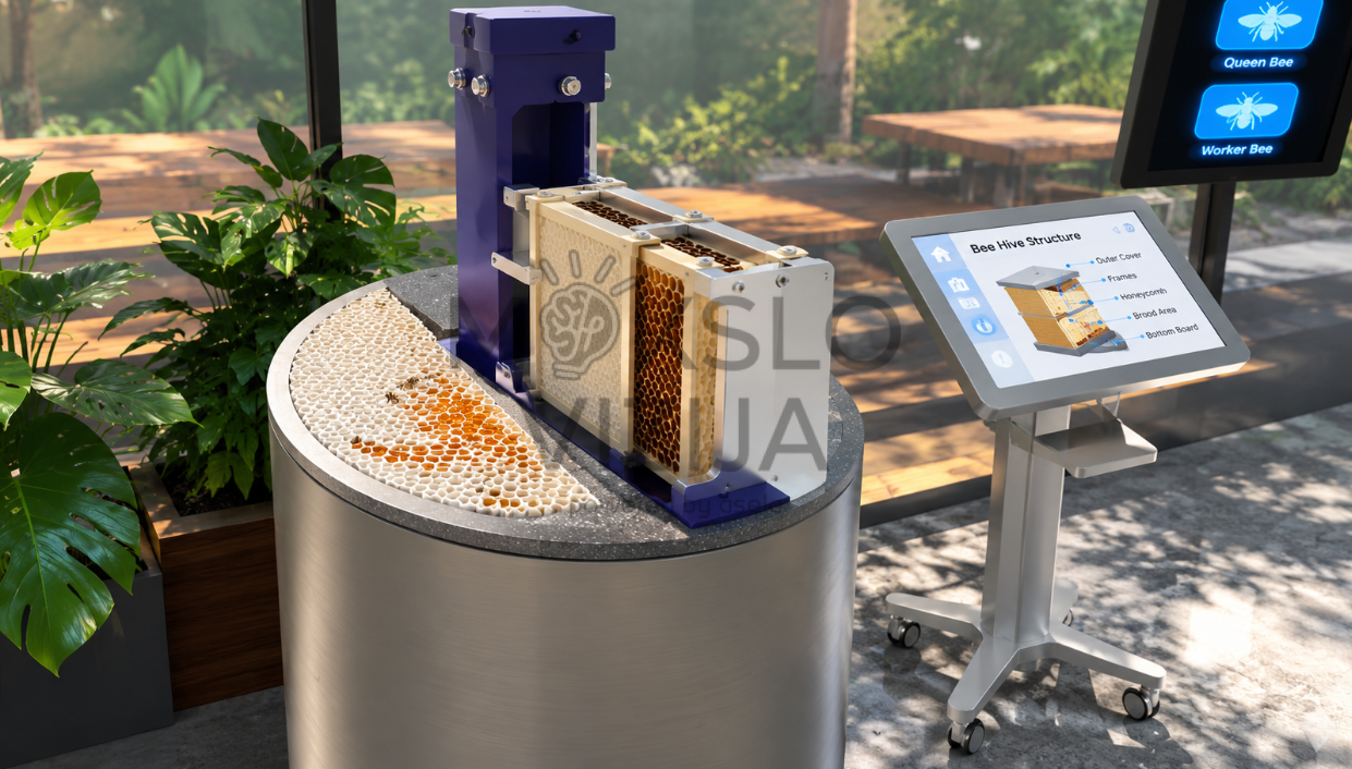 Bitininkystės ir medaus gamybos VR mokymo simuliatorius, kuriame virtualioje 3D aplinkoje demonstruojami bičių gyvenimo ciklo, medaus išgavimo, kokybės vertinimo ir saugaus darbo procesai.