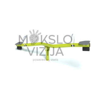 Žalios spalvos lenktos konstrukcijos dvivietės vaikų sūpynės–svarstyklės su dviem sėdynėmis, laikymosi rankenomis ir centrine atrama.