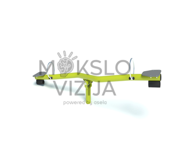 Žalios spalvos lenktos konstrukcijos dvivietės vaikų sūpynės–svarstyklės su dviem sėdynėmis, laikymosi rankenomis ir centrine atrama.